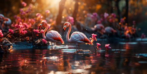 flamingo in the water, Fascinating Flamingo Flock in Lagoon Showcase the vibrant colors of a flock of flamingos as they gather in a shallow lagoon, their pink feathers reflecting in the still waters a