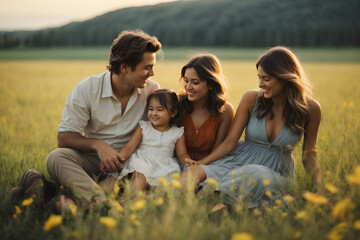 Happy young family sitting on meadow
