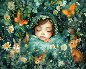 Whimsical watercolor of a newborn surrounded by fairy tale creatures in a dreamy forest