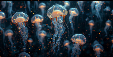 background with bubbles, Fascinating Jellyfish Drifting Showcase the ethereal beauty of jellyfish as they drift serenely through the ocean currents, their translucent bodies glowing with bioluminescen