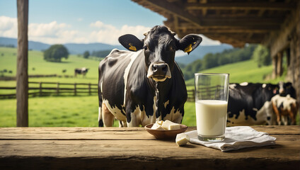 Szkło świeżego mleka i ser na tle pastwiska z krowami