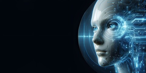 a close up of a robot's face with a circuit in the background, a hologram, digital art