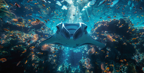 Station Showcase the unique behavior of manta rays as they visit a cleaning station on the ocean floor, allowing small fish to remove parasites fr - obrazy, fototapety, plakaty
