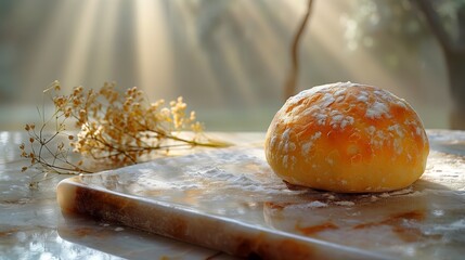 Food A bun on a marble cutting board with a flower next to it