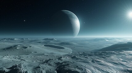Icy Extraterrestrial Landscape with Giant Planet and Stars