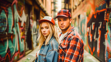 Stylish young couple posing in front of a colorful graffiti wall, exuding cool urban fashion and...