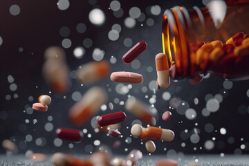 Close-up group of antibiotic pills falling down a group of antibiotics Health care and medical background