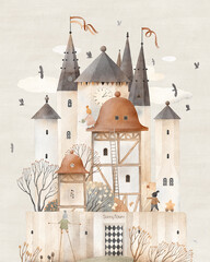 Cute watercolor castle. Old fairytale city. Decor for a children room. Watercolor background. Vintage style.