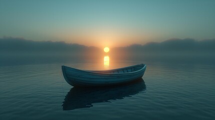 Fototapeta premium Tranquil Dawn: Solitary Boat on Calm Water at Sunrise