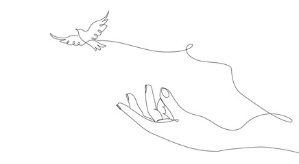 A dove flying into the sky from an outstretched hand. The concept of friendship, peace, help, support. Hand drawing one solid line. Vector.