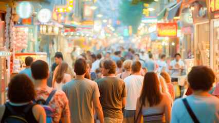 Busy street scene at night with a crowd walking under neon lights in a vibrant city market.