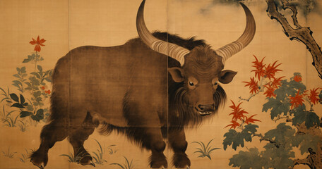 
Ancient, brown maned bull/bull with metal horns, ukiyoe 17th century Japanese traditional style