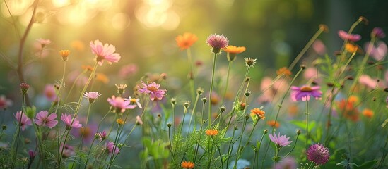 A field of wildflowers basking in the suns glow, showcasing the natural beauty of various medicinal plant species in full bloom. © TheWaterMeloonProjec