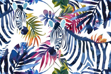 Fototapeta na wymiar Two zebras in palm leaves, watercolor colorful drawn.