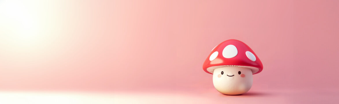 cute toadstool with a smiling face isolated on pink background

