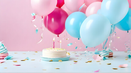 birthday party balloons with confetti and cake on light blue and pink background, post processed AI generated art.