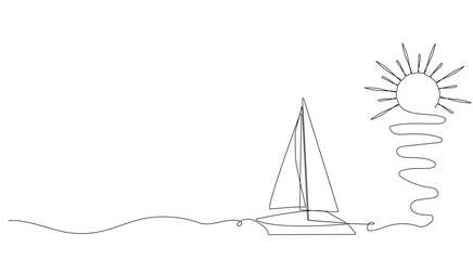 Sailboat, boat, ship, sea wave and palm tree, sun. The concept of travel, rest, cruise, sea. Hand drawing one solid line. Vector.