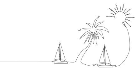 Sailboat, boat, ship, sea wave and palm tree. The concept of travel, rest, cruise, sea. Hand drawing one solid line. Vector.