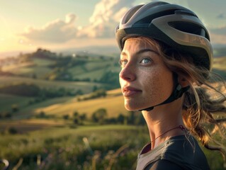 Serene Female Cyclist Taking a Break by Countryside Gate in North East England - obrazy, fototapety, plakaty
