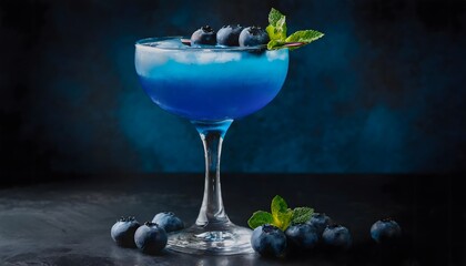  Close-up of a blue cocktail decorated with blueberries and mint leaves