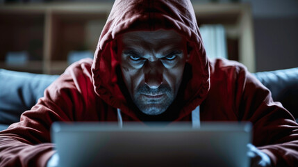 Intense Man in Hoodie Using Computer in Dark Room. Focused man with a stern expression wearing a red hoodie working on a laptop in a dimly lit room at night.