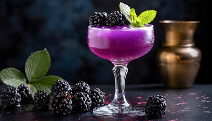  Close-up of a purple cocktail decorated with blackberries and mint leaves - obrazy, fototapety, plakaty