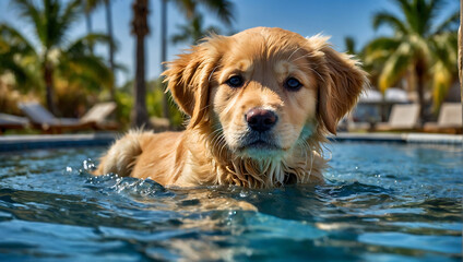 Szczeniak golden retrievera cieszący się pływaniem w basenie