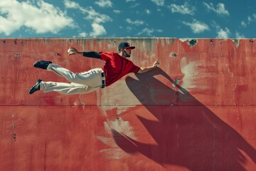 Professional Baseball Player Leaping for a High Catch Against the Outfield Wall During a Game