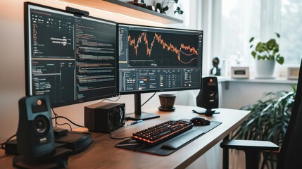 Computer monitors, laptop with trader charts on the desk. Trader workplace concept