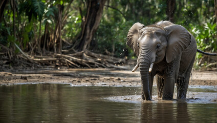 Afrykański słoń cieszący się wodną kąpielą - obrazy, fototapety, plakaty