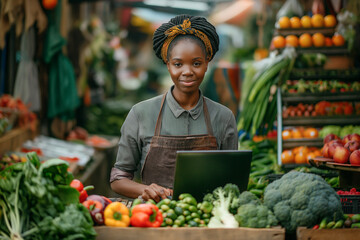 Young African student works with her laptop, while attending the family grocery and fruit shop in the city market.