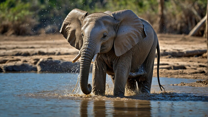 Afrykański słoń cieszący się wodną kąpielą - obrazy, fototapety, plakaty