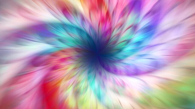 Abstract background with endless multicolor feather hypnotic spiral. Seamless loop. 4k