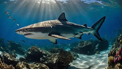 Majestatyczny rekin przemierzający słoneczne wody oceanu - obrazy, fototapety, plakaty