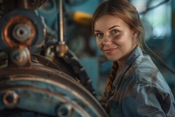 Industrial Charm: A Smiling Beautiful Woman at Work in the Manufacturing Sector, Ideal for Industrial Blogs, Manufacturing Company Profiles, and Empowering Women Narratives