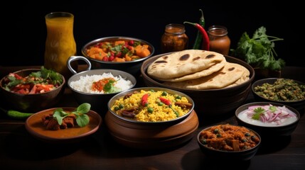  Assorted Indian food in dark table 