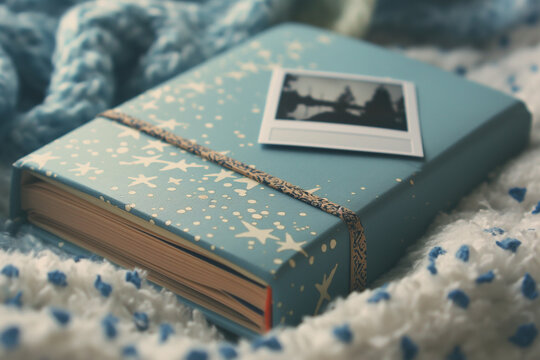 Vintage leather notebook and pen on wooden table. Pen. Blank Polaroid photo decorated under book. Travel. Blue background.