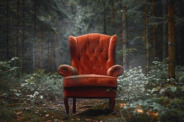 Red armchair in the middle of the forest. Generative AI