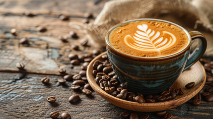 Coffee cup with latte art and coffee beans on wooden background - obrazy, fototapety, plakaty