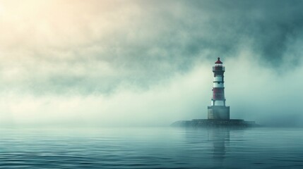 Lighthouse in a foggy sea show the direction - loneliness and hope concept - obrazy, fototapety, plakaty