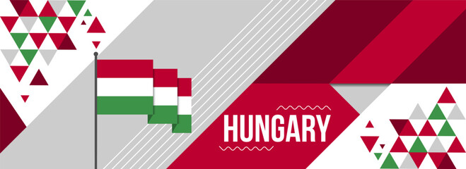 Obraz premium Hungary national or independence day banner for country celebration. Hungarian Flag Modern retro design with typorgaphy abstract geometric icons. Vector illustration.