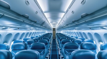An empty airplane cabin with blue seats and overhead bins. The seats are arranged in a 3-3 configuration.