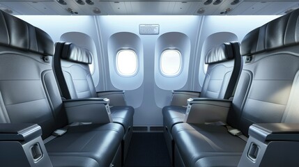The image shows the interior of the cabin of a passenger plane. There are three rows of seats, each with three seats.
