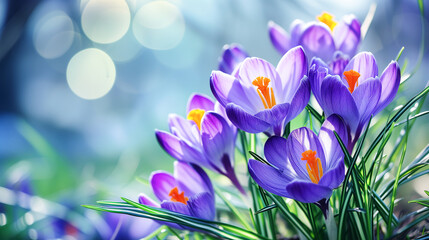 Bright spring crocus flowers with shiny drops of dew on light background with bokeh and highlights....