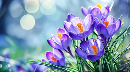 Poster Bright spring crocus flowers with shiny drops of dew on light background with bokeh and highlights. Template for spring card, copy space, banner © ximich_natali