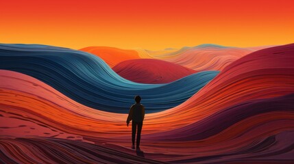 Person walking on brightly colored rolling hills at sunset against an orange sky