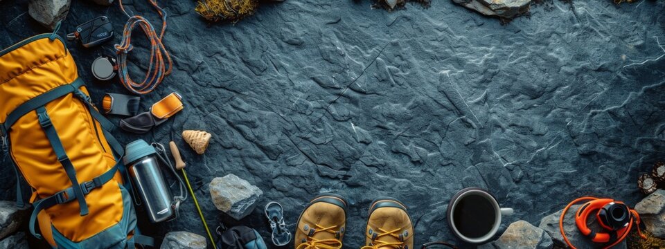 Outdoor and Camping Tourist Gear: An Adventure Awaits, Perfect Advertising Banner with Copyspace for Outdoor Retailers, Camping Stores, and Travel Blogs