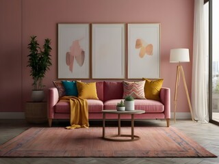 The elegant and well-designed living room mockup features solid color elements and white frames, providing a modern and inviting space for your creative copy. Generative AI
