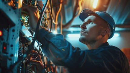 professional electrician at work on switchboard wiring and cable connections - obrazy, fototapety, plakaty
