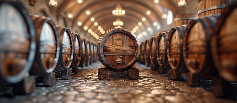 Old traditional wooden barrels in the cellar